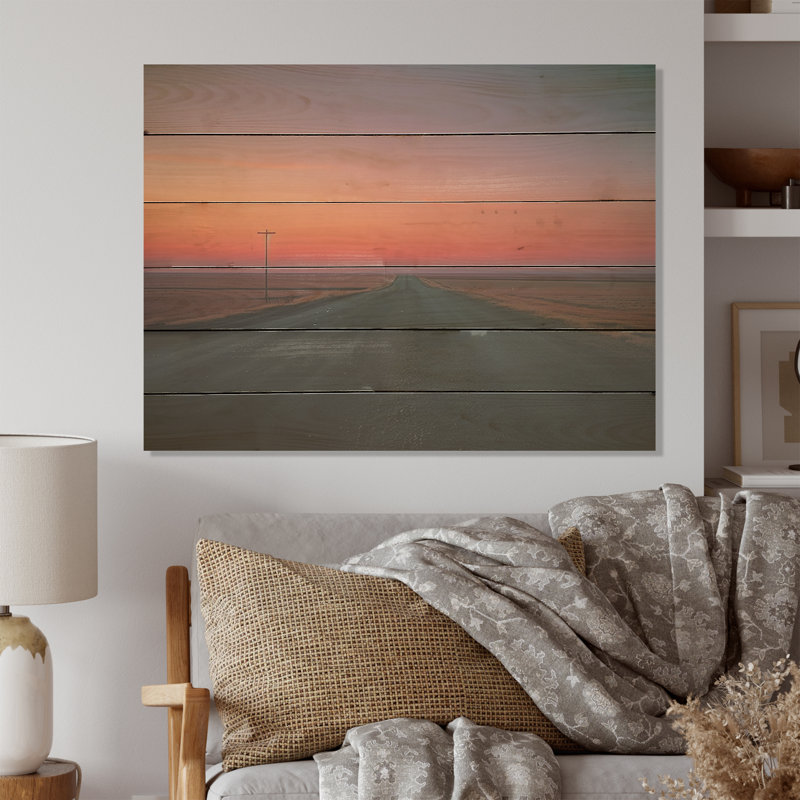 Sunset Road Landscape I - Road Wood Art On Natural Pine Wood, 10" H x 20" W