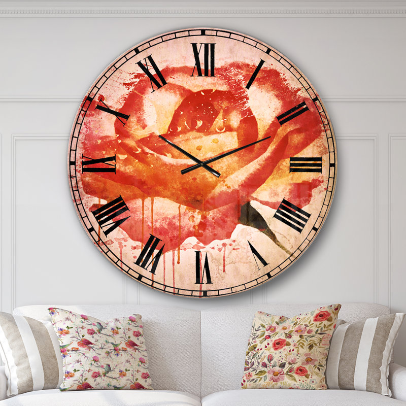 Rose rouge dessiné à la main avec éclaboussures - horloge murale traditionnelle, Surdimensionné