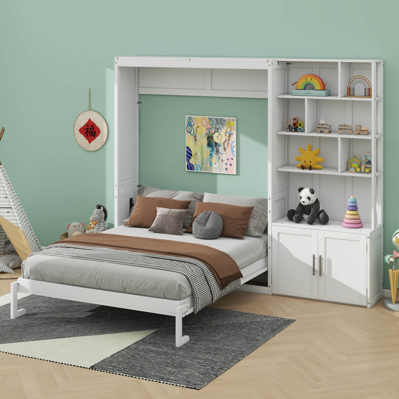Lit escamotable double avec de nombreuses tablettes et armoires de rangement