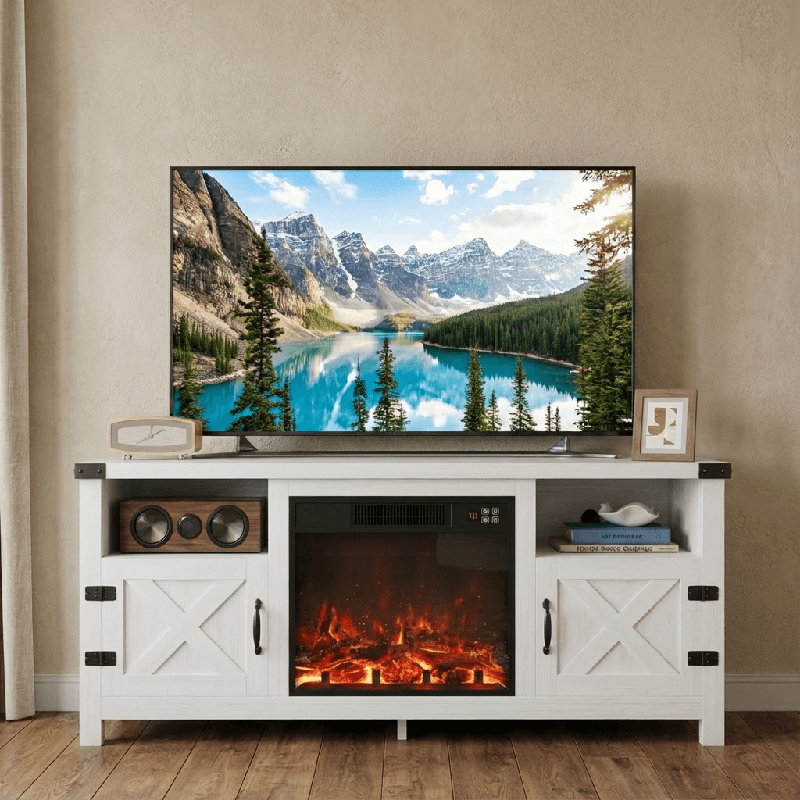 58" W Farmhouse TV Stand Fireplace, White
