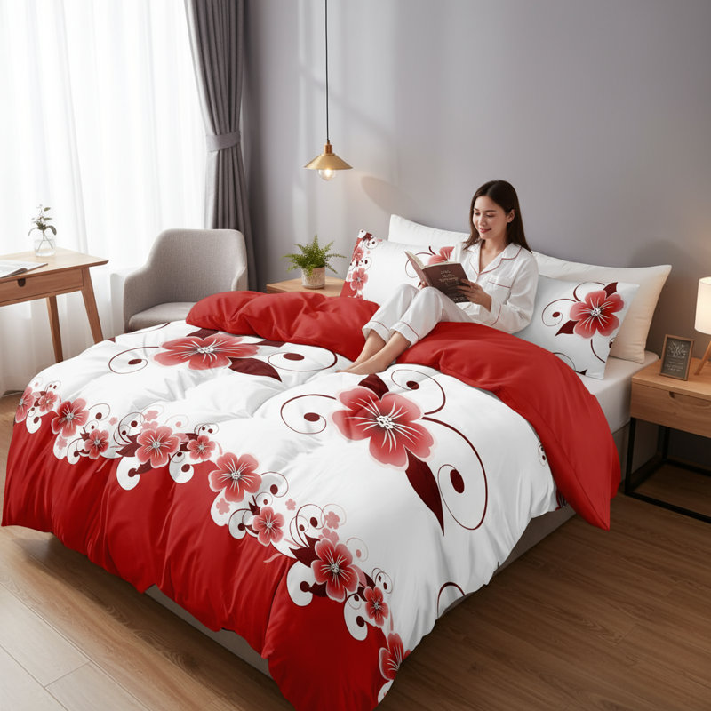 Ensemble de housse de couette 5 pièces à motif floral rouge pour lit queen, avec taies d'oreiller et housses de coussin décoratives