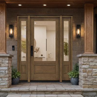 G7501-SW-80 | 80" Single Door, + 2xSidelites RTA Prehung Exterior, 3/4 Lite, 1 Panel, Unfinished Mahogany Wood
