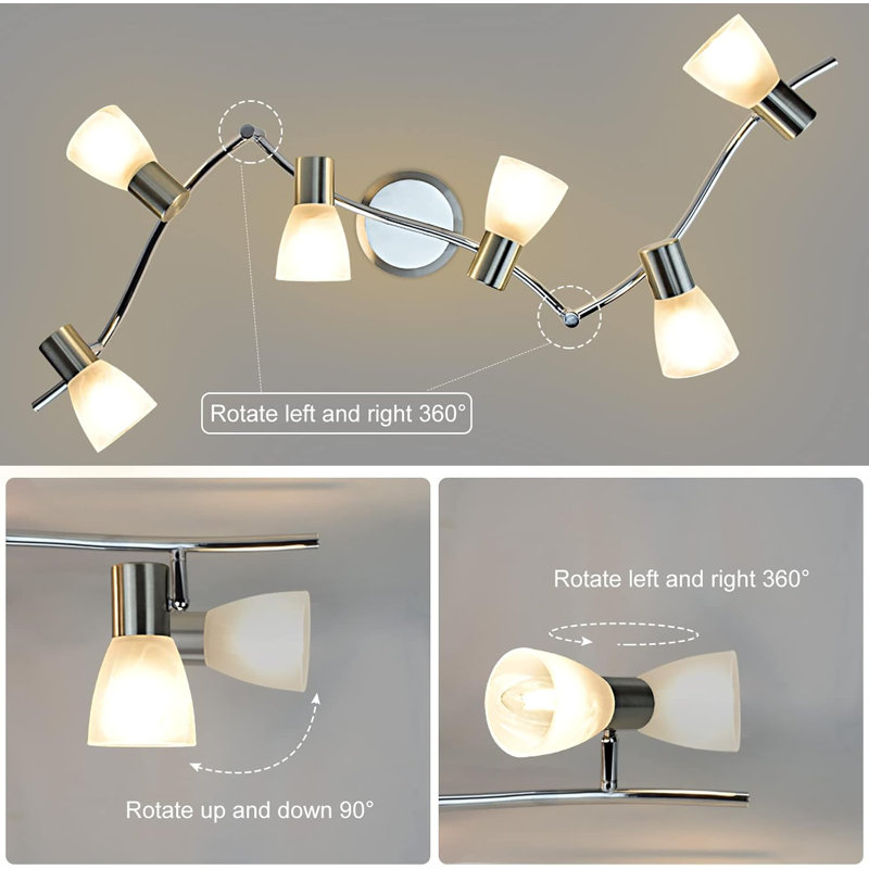 6-Light Flexible Track Lighting Rail Modern Directional Led Spot Ceiling Light Fixture With Glass Shade E12 Base Brush Steel