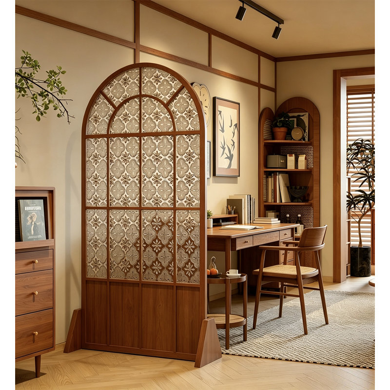 Paravent de chambre français pliable en bois massif et verre