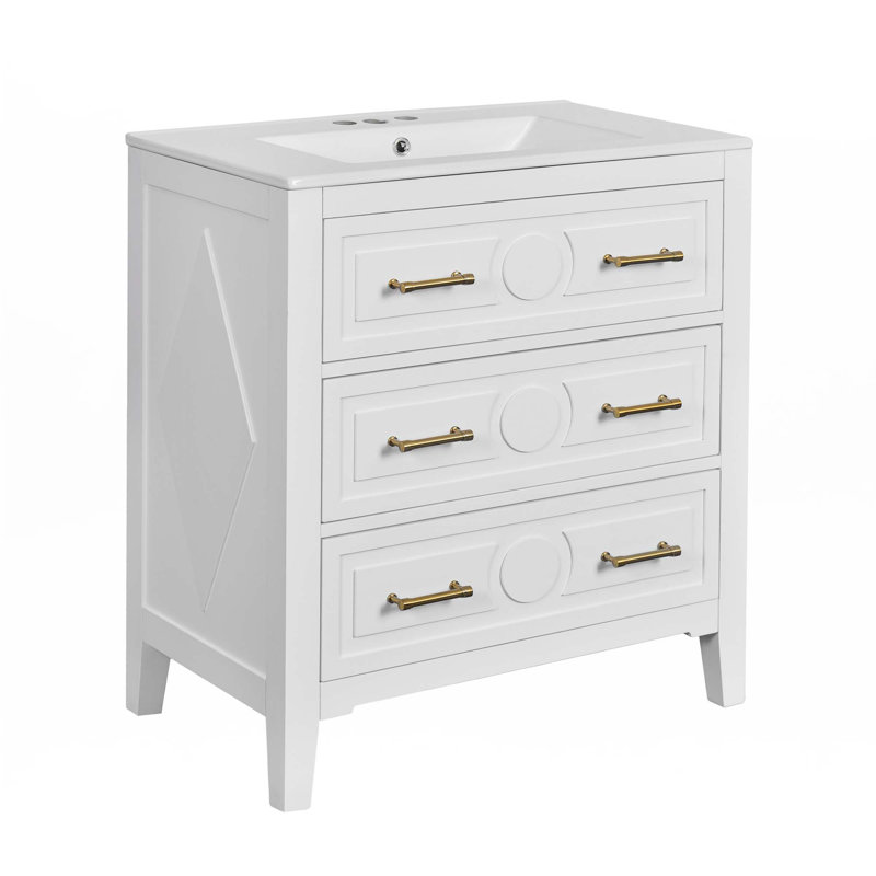 Meuble-lavabo 30 po avec lavabo en céramique, Blanc, Doré