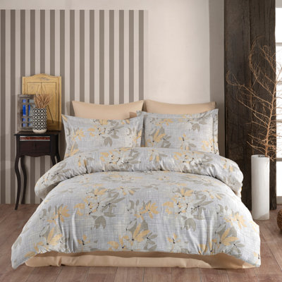 Luxury Satin Double Quilt Cover Set, 100% Cotton, 79 x 87 in Duvet Cover, 94 x 102 in Flat Sheet | 210 Thread Count, Button & Envelope Closure, Machine Washable | Elegant Grey, Yellow & White Design, Soft & Durable