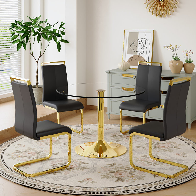 5 - Piece Pedestal Dining Set, Black, 29.5"H x 35"L x 35"W