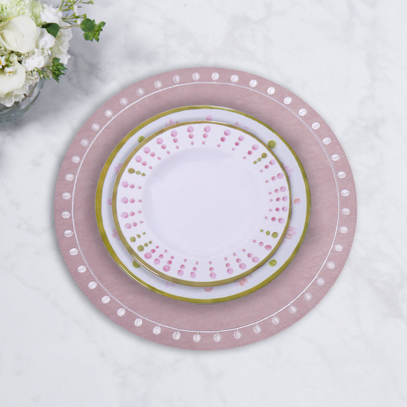 VIDA Round Embroidered Dots 15.5" Round Placemats, Pink/White