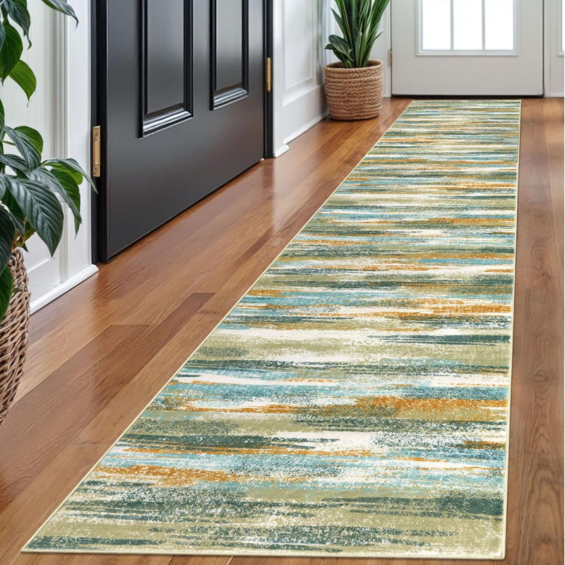 Washable Kitchen Runner Rug Non-Slip, Green Teal Mustard, 2' x 10' (Runner)