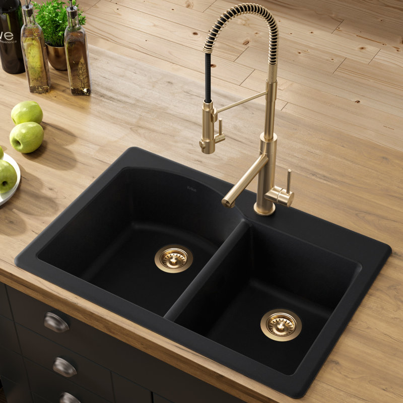 KRAUS Forteza™ Dual Mount Bowl Granite Kitchen Sink, Black, 60/40 Double Bowl