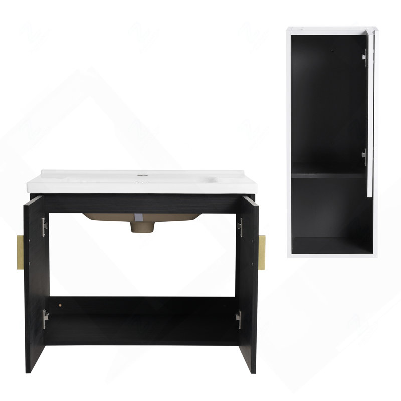 Meuble-lavabo mural 28 po avec lavabo en céramique et armoire latérale, armoire à portes à fermeture douce 28 po