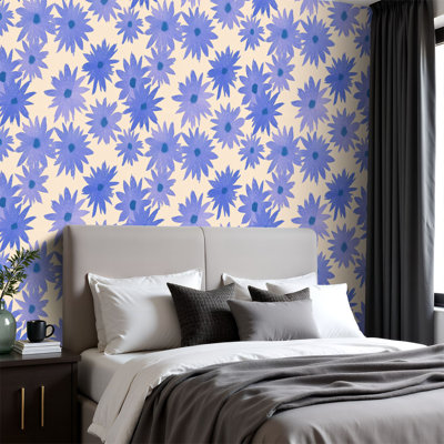 Peel and Stick PVC Wallpaper, Removable Self-Adhesive Wall Covering With Blue Starburst Floral Beige Hand Drawn Abstract Repeating Design Print, Waterproof for Home Decor - Roll