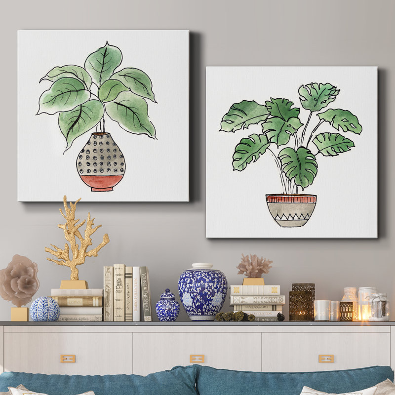 Boho Greenery I - ensemble de 2 peintures, H 16 po x l 32 po x P 1 po, Toile tendue