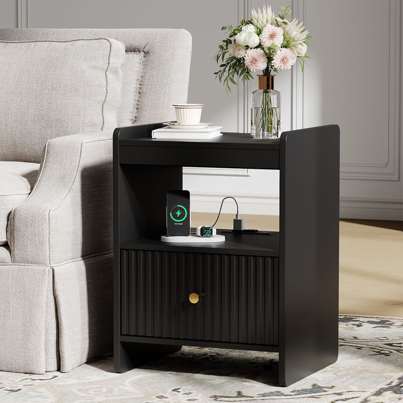 Table de bout à 1 tiroir avec rangement et prises intégrées, table d'appoint de salon pour le bureau, la chambre à coucher et le salon