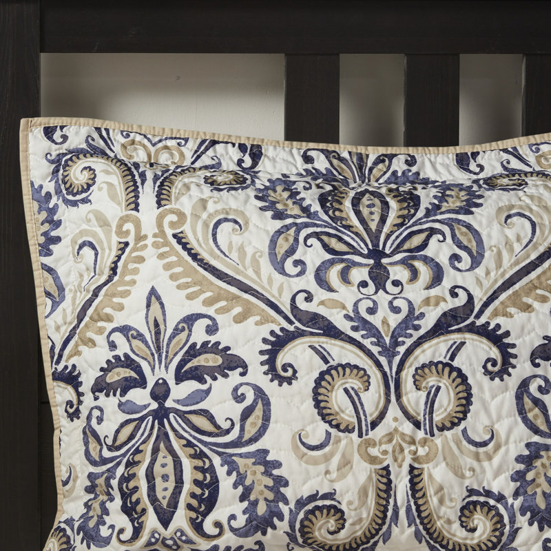 Reversible Quilt With Pillows, Navy/tan Full/queen. Paisley Design Quilt, 100% Microfiber. Brushed Reverse Fabric. 1 2 Shams, 3 Decorative Pillows. Machine Washable Navy/tan, Modern Paisley,