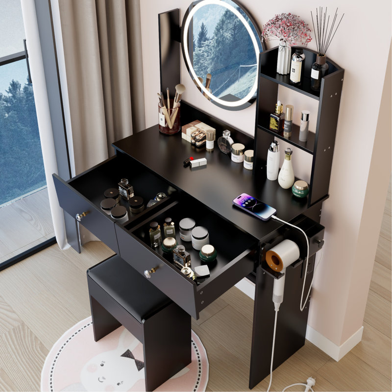 Table de coiffeuse et tabouret à DEL 17 po, 3 couleurs de miroir à luminosité réglable, 2 prises AC + intégrées, grand miroir, interrupteur tactile, rangement multi-couches, conception américaine, rond de 14,2 po de couleur