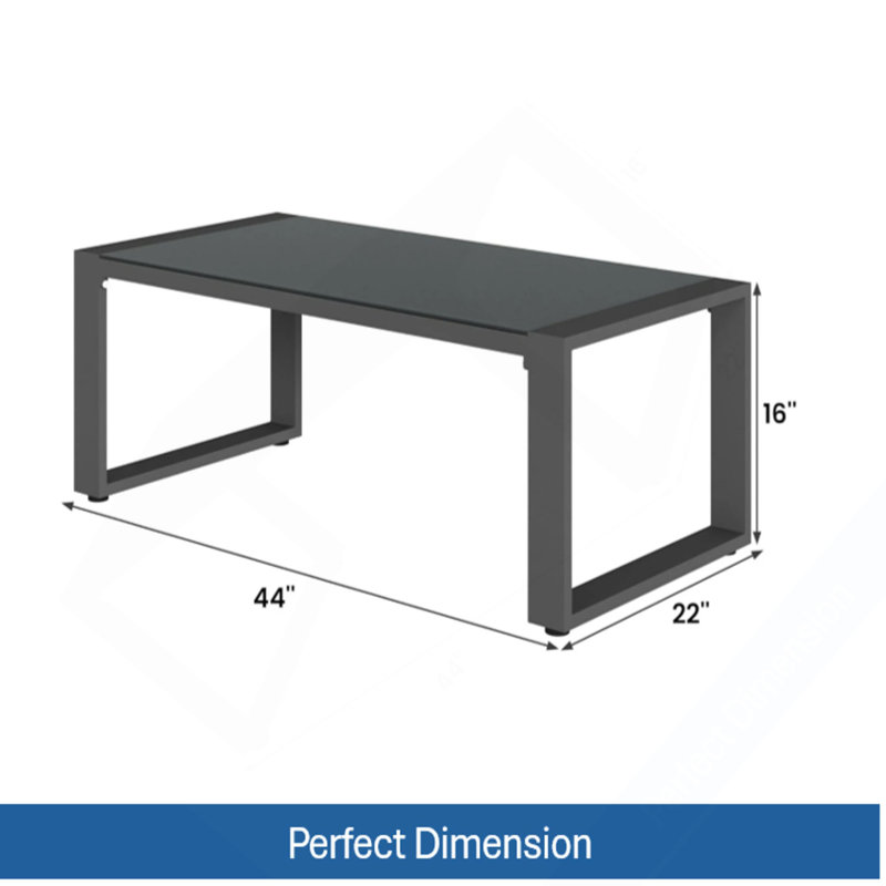 Table basse d'extérieur 44 po x 22 po en aluminium toutes saisons avec plateau en verre trempé gris