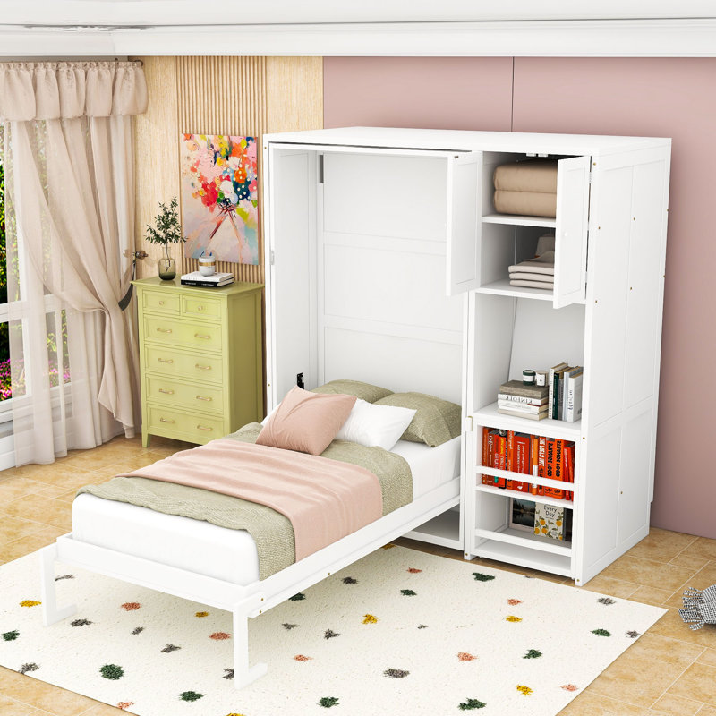 Lit simple escamotable mural avec armoire supérieure, bureau extensible et tablettes, Blanc