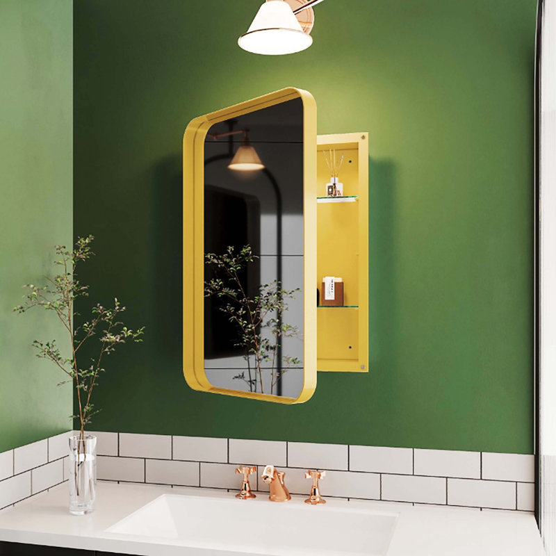 16×24 Inch Matte Gold Metal Frame Recessed Mirrored Medicine Cabinet With Adjustable Shelves