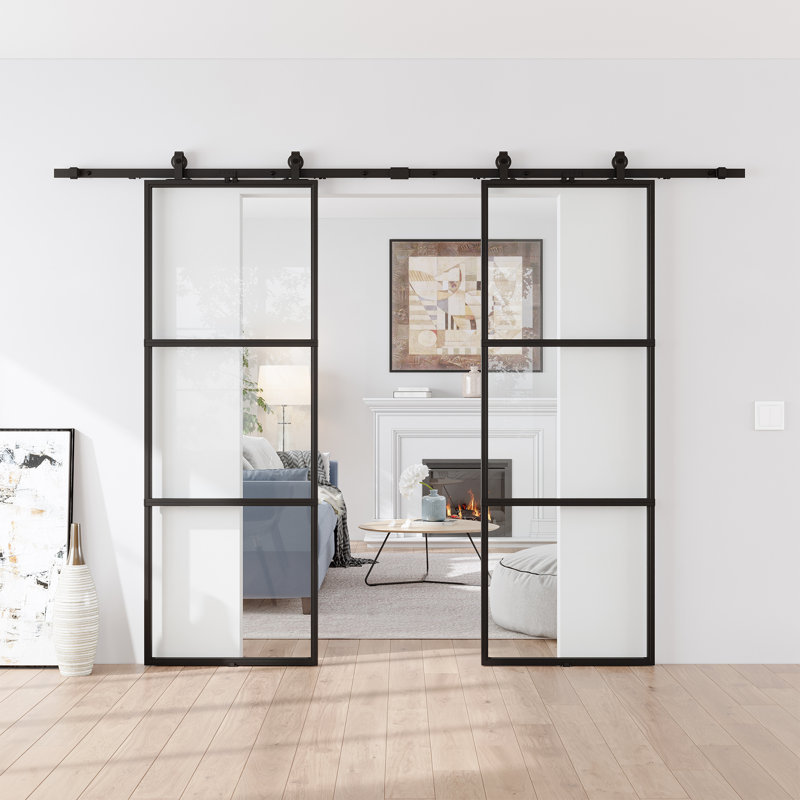 Porte de grange double coulissante en métal et en verre avec quincaillerie d'installation (fermeture en douceur incluse)