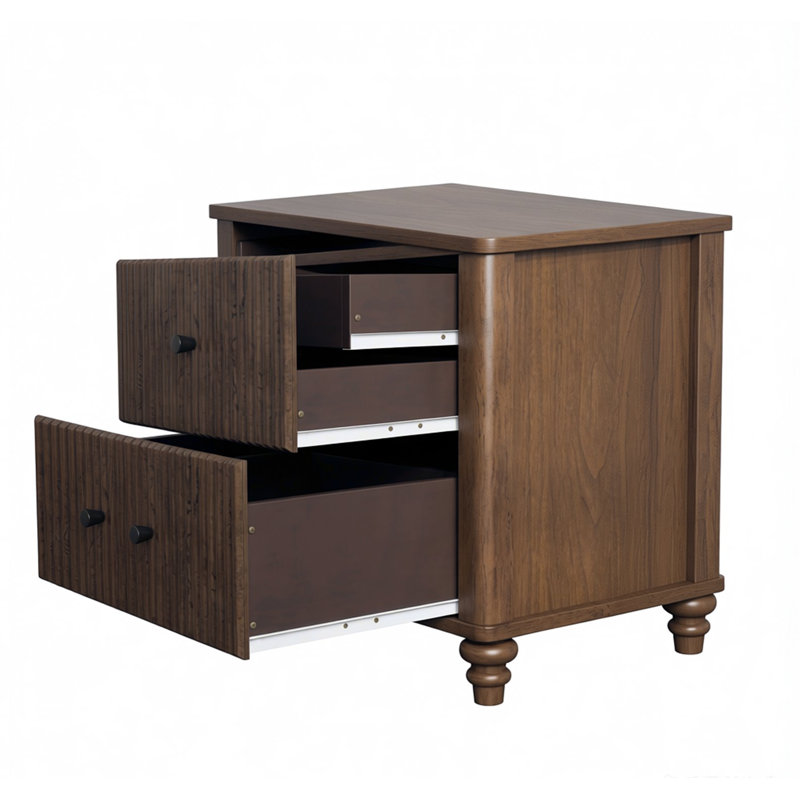 Fluted Nightstand, 21.65" Wide Side Table With 3 Drawers, Mid Century Modern Wood Nightstand With Metal Handle, Wooden Bedside End Table For Bedroom, Living Room, Closet