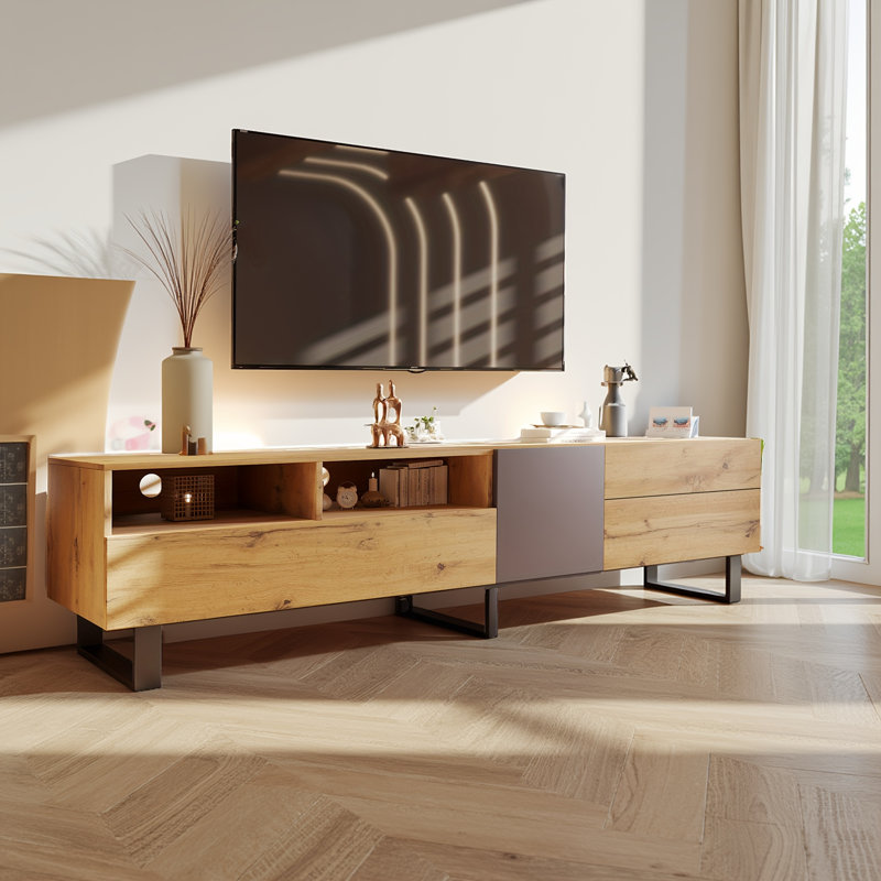 Meuble télé 80 po - console multimédia avec rangement double, portes rabattables et tablette réglable