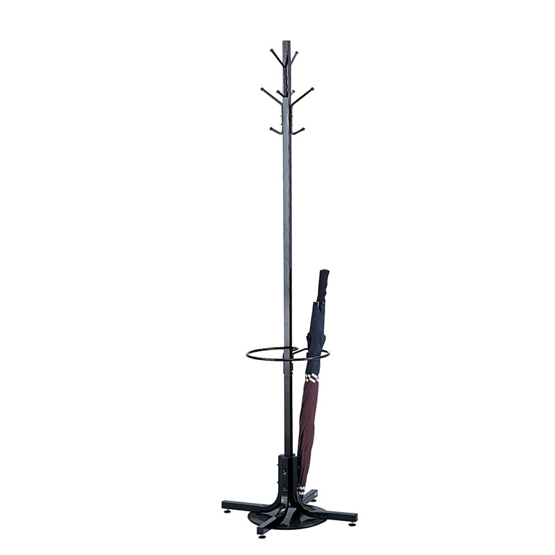 Black Powder-Coated Steel Floor-Standing Coat Rack with Umbrella Stand