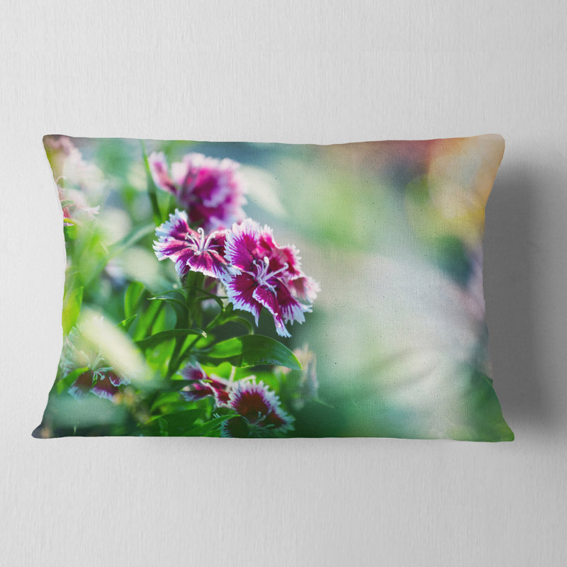 Pink Flowers on Green Background - Floral Printed Throw Pillow, Rectangular, 12" x 20"