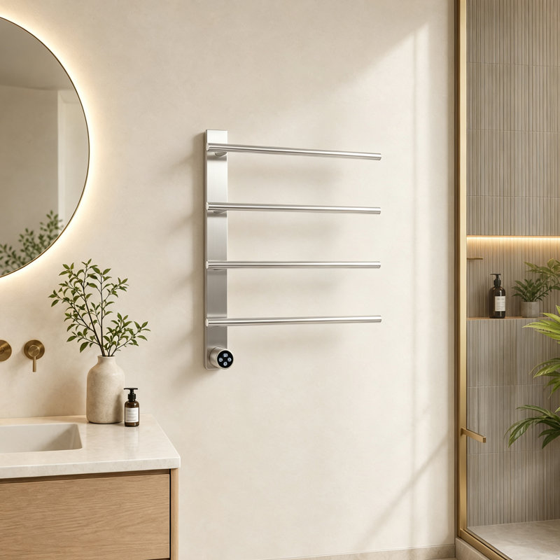 Chauffe-serviettes électrique mural moderne avec minuterie numérique, à brancher ou câblé, Argent