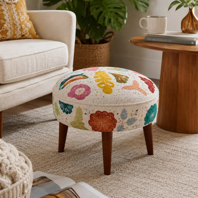 Suzani Patterned Accent Stool, Cotton - White