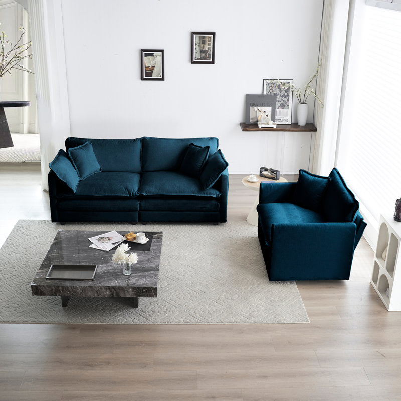 2 pièces et chaise, chenille bleue. Fabrication en bois massif, revêtement en chenille douce, coussins en éponge épais. Ajoutez du style à votre salon. Assemblage et chaise faciles à assembler, coussins confortables et modernes