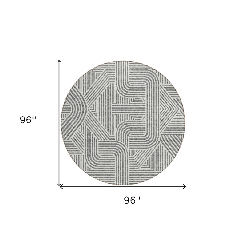 8' Grey Round Abstract Washable Indoor Outdoor Area Rug