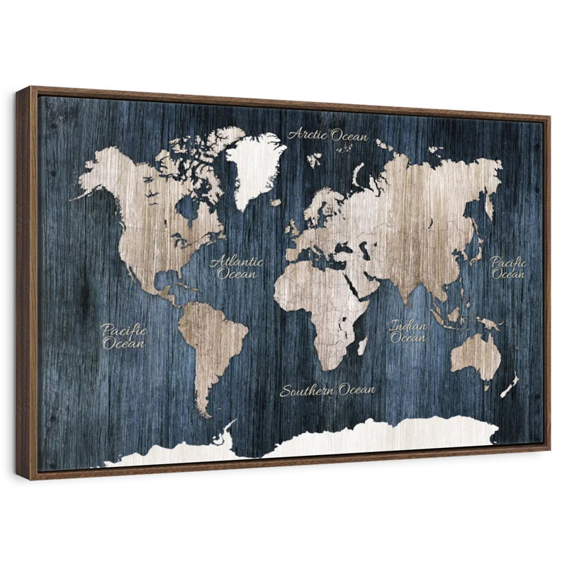 Carte du monde en bois vieilli, 13 po x 9 po, Cadre flottant en noyer