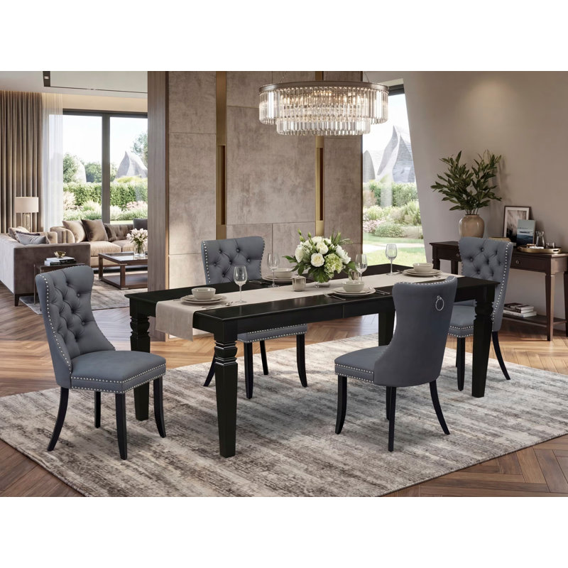 L'ensemble de table de salle à manger 5 pièces comprend une table rectangulaire en bois avec feuille papillon et 4 chaises rembourrées en tissu de polyester, 42 po x 84 po, noir