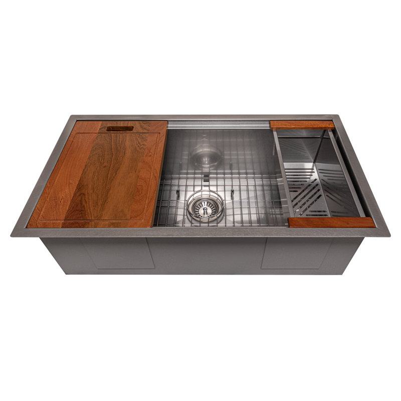 ZLINE 33" Garmisch Undermount Single Bowl Fingerprint Resistant Stainless Steel Kitchen Sink with Bottom Grid and Accessories