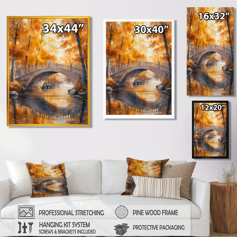 Jaune et beige, automne, rivière de beauté, pont V, H 12 po x l 20 po, Cadre simple noir
