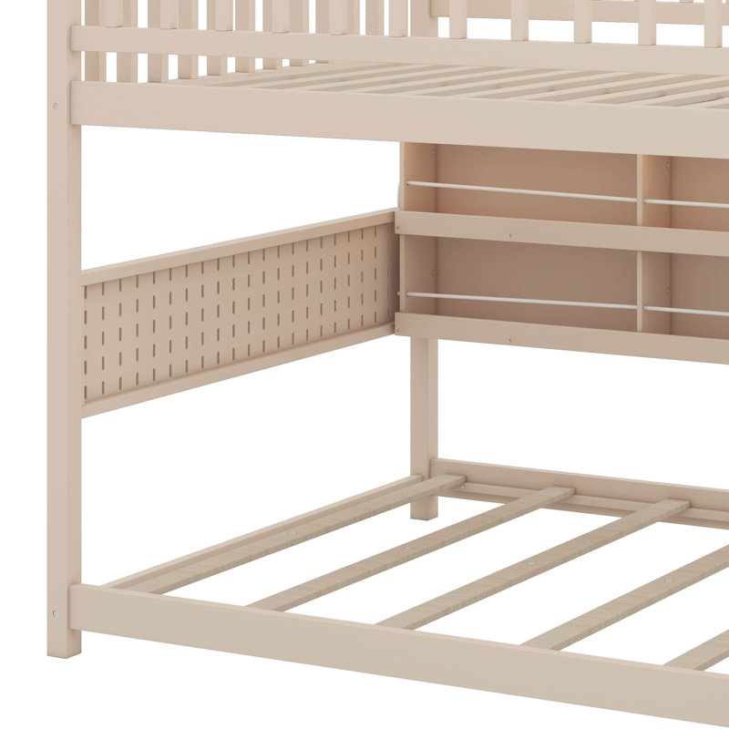 Lit superposé avec tablettes intégrées, éclairage personnalisable et panneaux ventilés, Beige, Double sur double