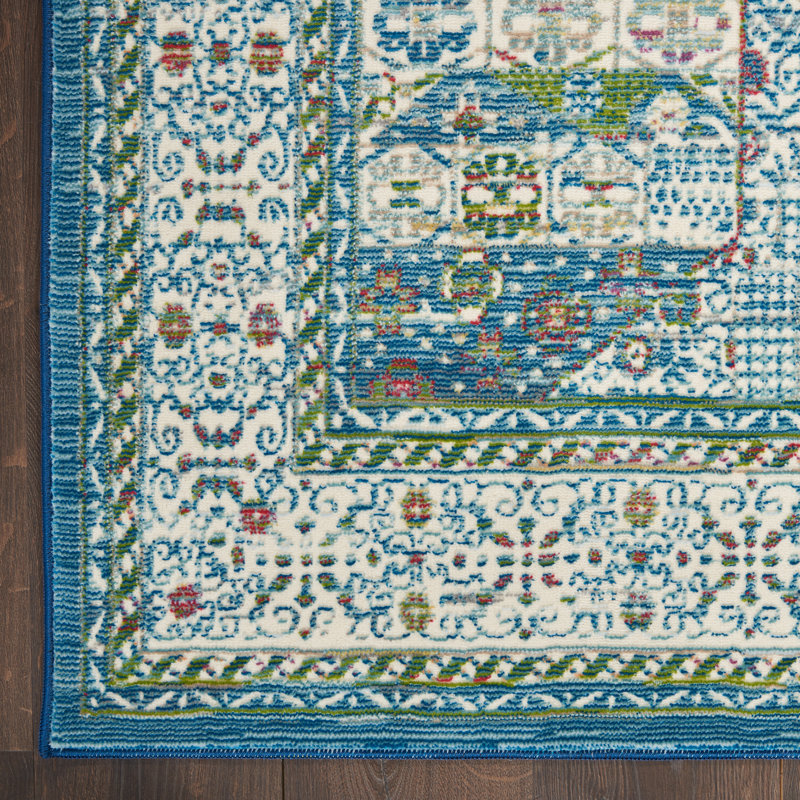 Ankara Global Bordered Ivory Light Blue Area Rug, Runner 2'4" x 8'