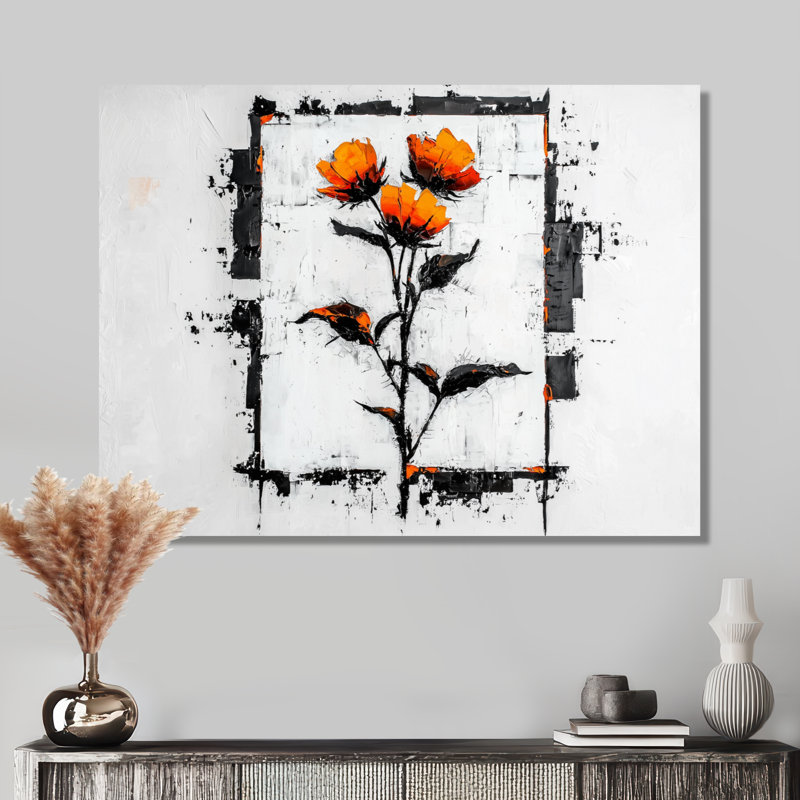 Motif de coquelicots géométriques minimalistes - Botanicals, impression métallique moderne, H 34 po x l 44 po