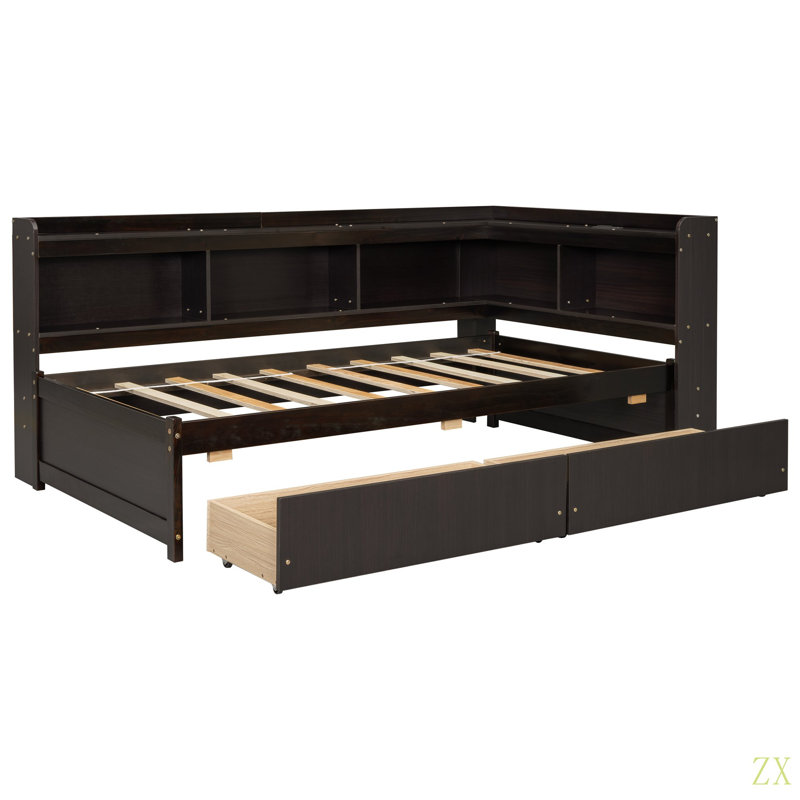 Twin Size L-Shaped Bookcases Bed With Power Outlets, USB Charging Ports,Two Drawers, Black