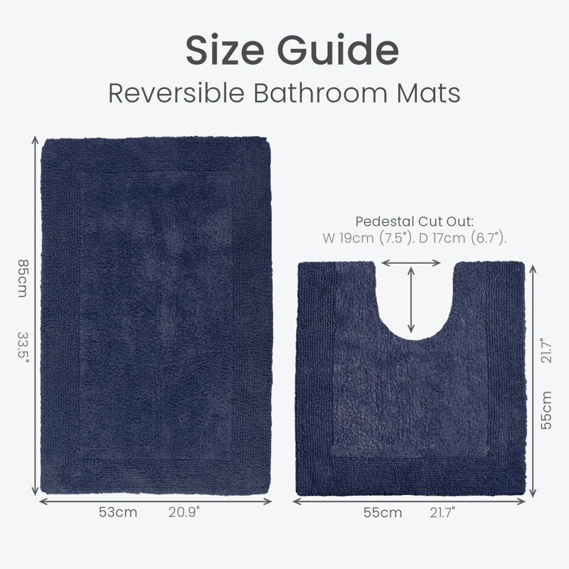 100% Cotton Bath Mat and Pedestal Mat Set, Navy Blue
