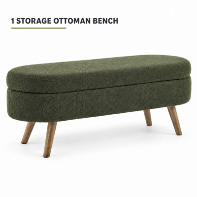 Banc ottoman de rangement ovale de 110,5 cm (43,5 pouces) avec pieds en bois d'hévéa, vert