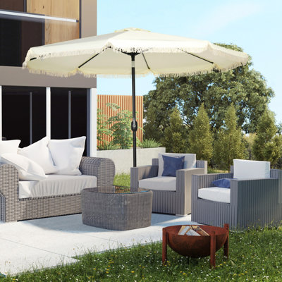 Parasol de patio de 9 pi avec bouton poussoir inclinable et manivelle, parasol de table de marché à volants avec pampilles et 8 baleines, pour jardin, terrasse, piscine (parasol de patio)
