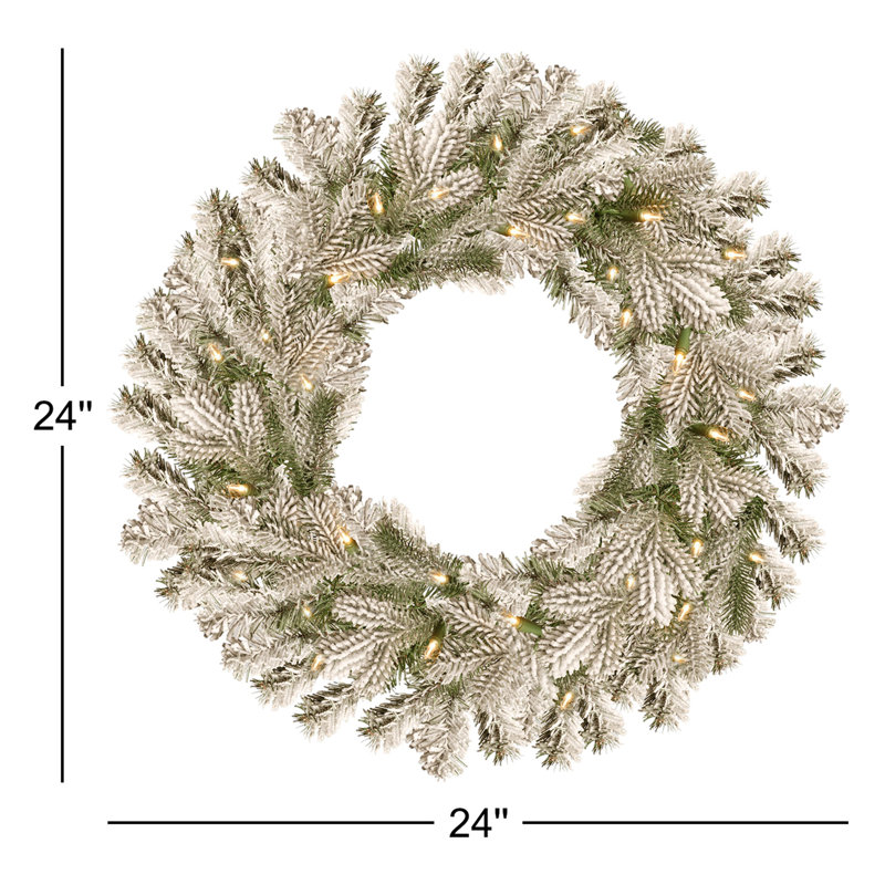 The Holiday Aisle® Snowy Sheffield Spruce Wreath with Battery Operated LED Lights, 24" H x 24" W x 5" D