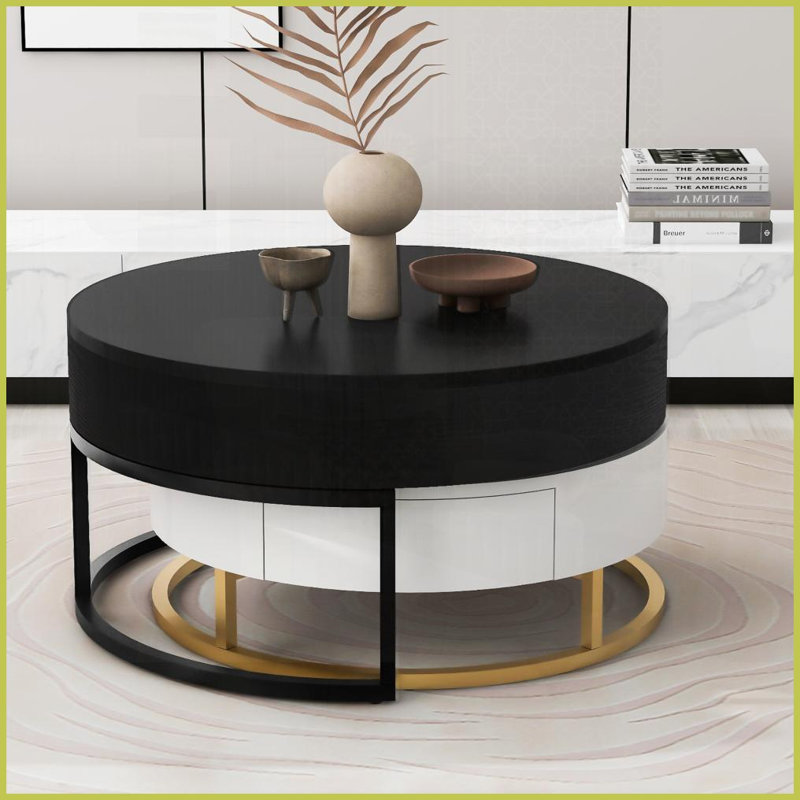 Table basse gigogne moderne avec plateau relevable et amp; 2 tiroirs - Multifonctionnel peu encombrant pour le salon, Or/noir