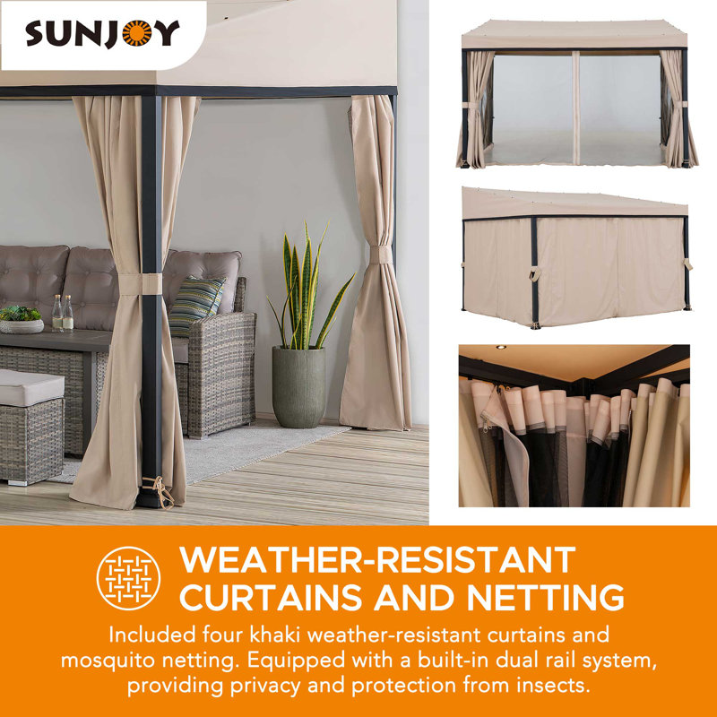 Sunjoy 10 x 12 ft Beige Aluminum Wall-Mounted Gazebo with Curtains
