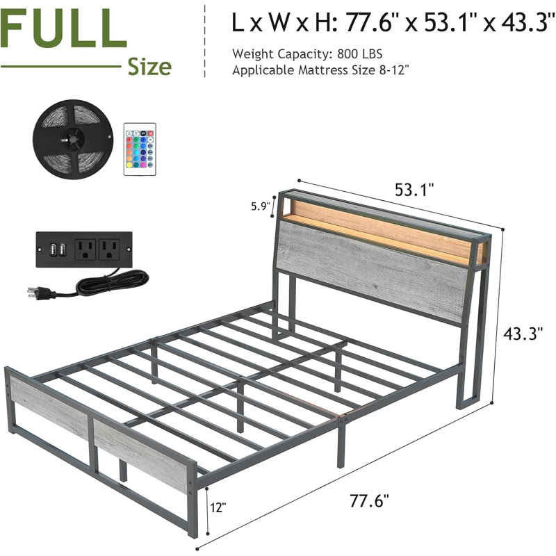 Tête de lit ergonomique et station de charge, cadre de lit plateforme en métal avec lumières DEL, support de lattes robuste