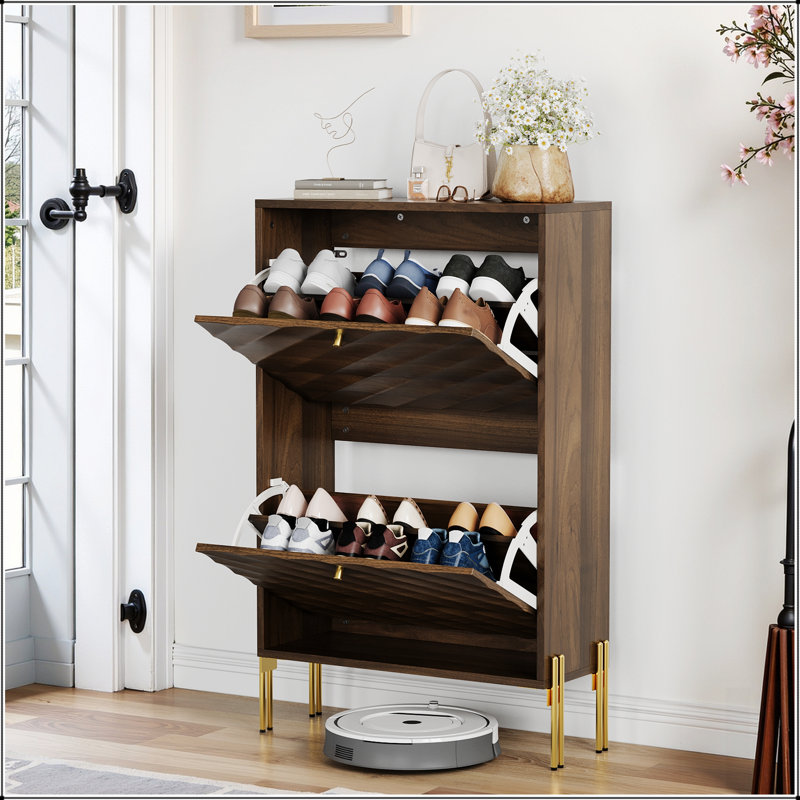 Armoire à chaussures 23,6 po en noyer de style Mid-Century avec pieds en métal pour l'entrée, le couloir et le vestibule