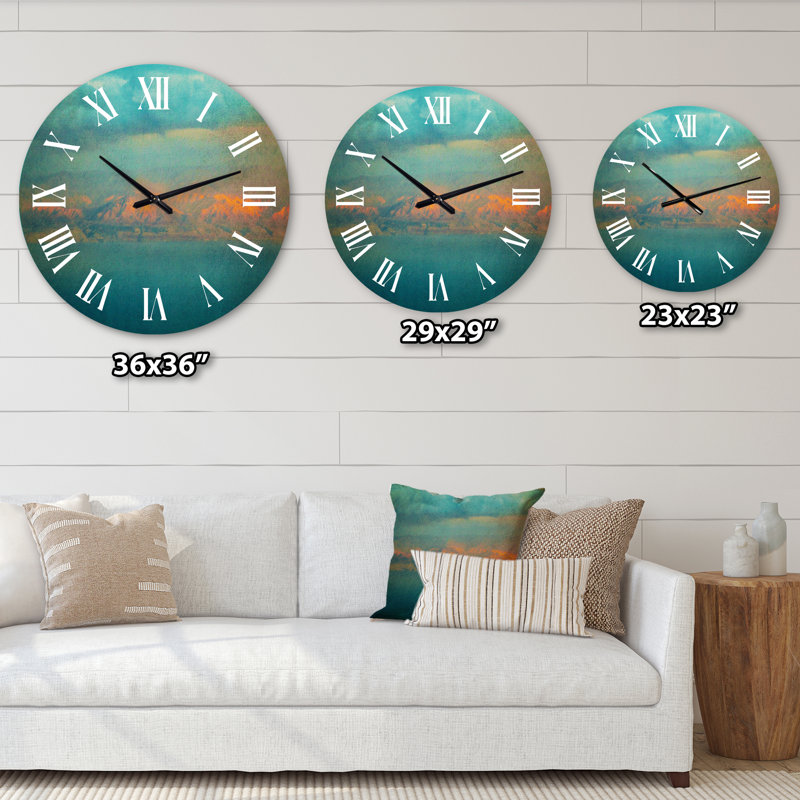 Glowing Mountains Over Sea, image vintage texturée - horloge murale moderne, Grand