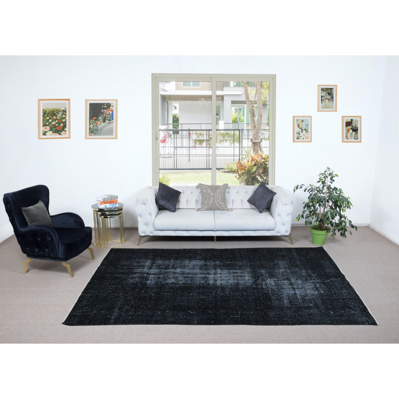 Tapis noir en laine surdimensionné de 6,7 x 9,7 pi fabriqué à la main en Turquie sur un grand tapis moderne recyclé